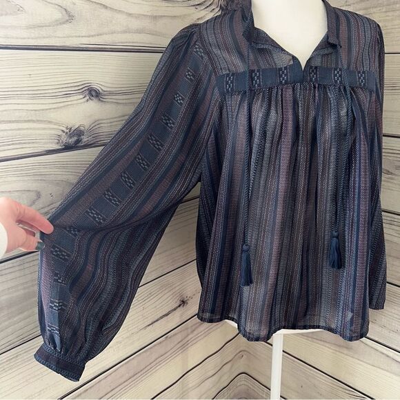 Lucky Brand Blue Striped Boho Balloon Sleeve Peasant Blouse - Picture 9 of 12